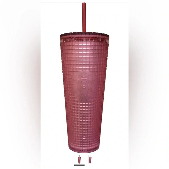 New Starbucks Dusty Rose Pink Berry Shimmer Grid Cold Cup Tumbler 24 oz Venti
